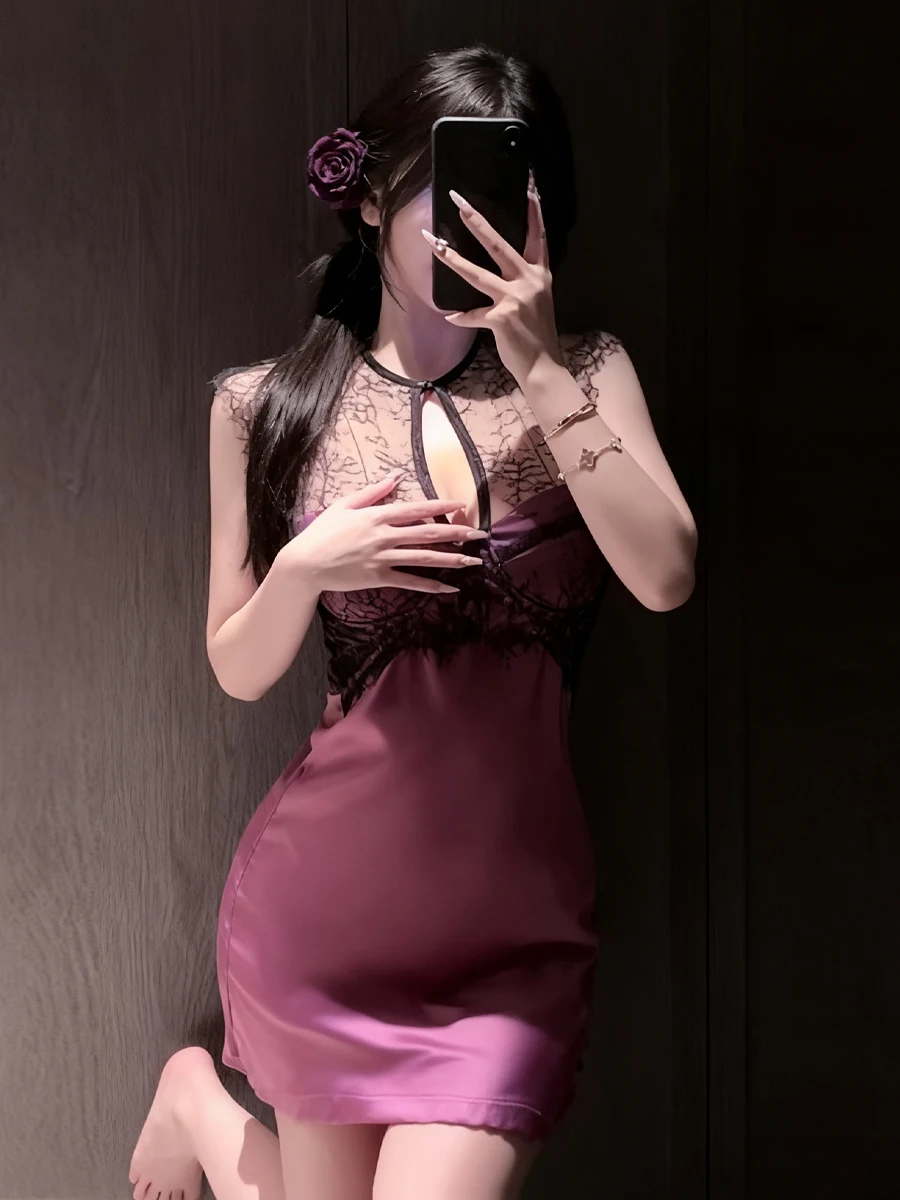 

Sexy Slim Fit Silk Hollow out Lace Patchwork Svel Dr Bodycon Skirt Sle Women's Faion Dr for Date And Par