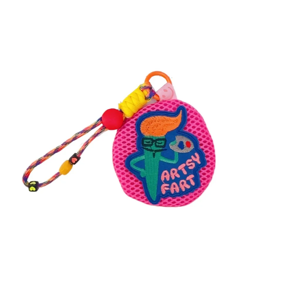 Portable Small Mesh Pouch Keychain with Handle Rope Breathable Headphones Organizer Cartoon Pattern Round