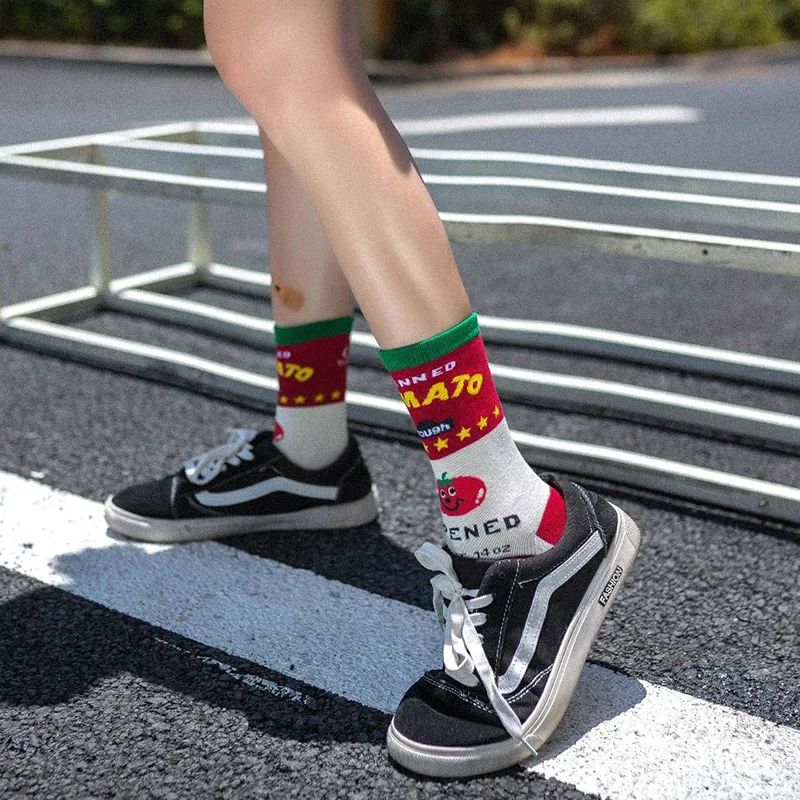 Happy Funny Women Socks Fashion Design Fruits Pattern Avocado Lemon Donut Personality Straight Trendy Skateboard Socks