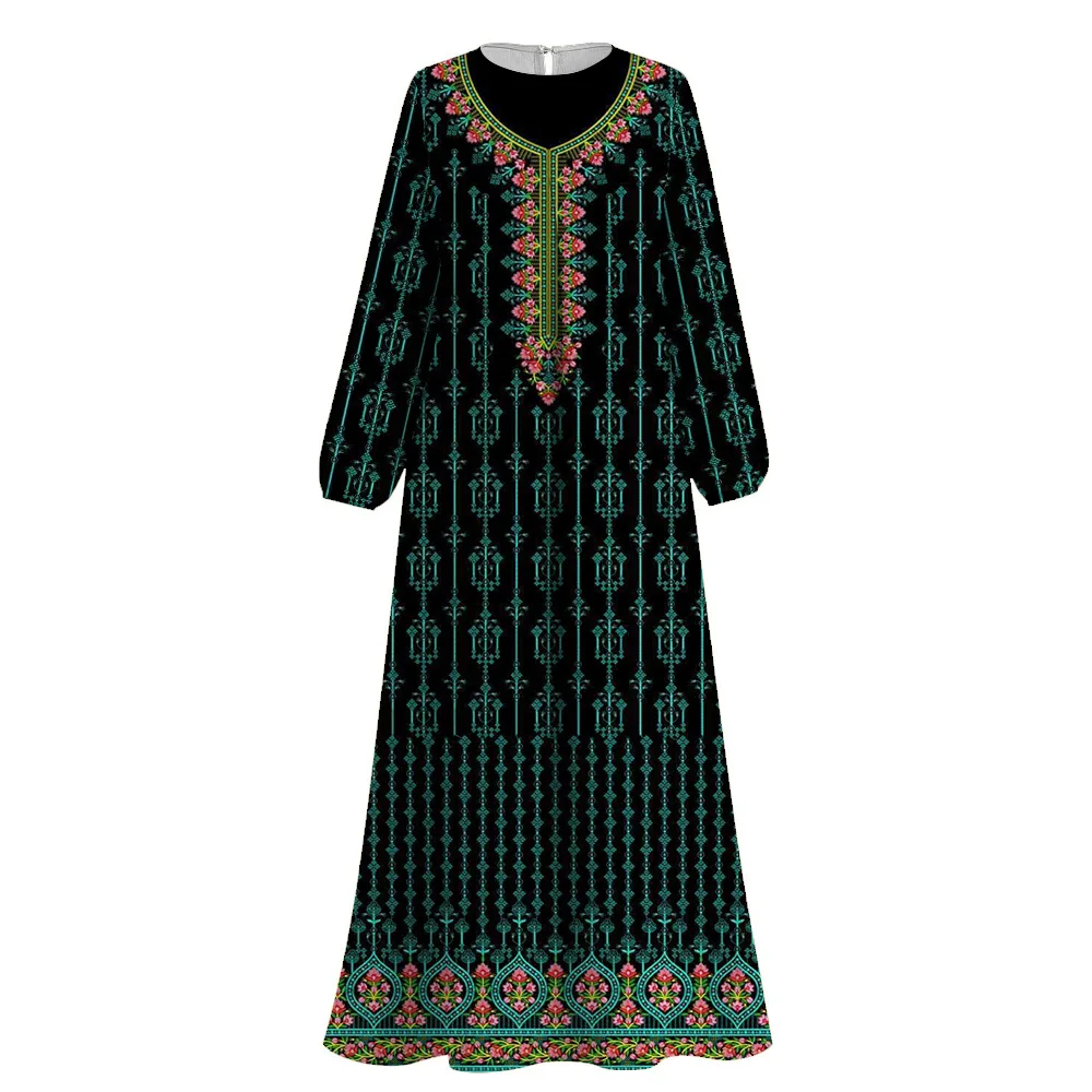 2024 Demure Muslim Women\'s Print Abayas Ramadan Ethnic Clothing Female Islam Abaya Round Neck Dubai Turkey Robe African Dresses