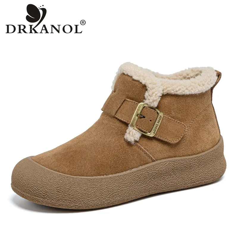 

DRKANOL Women Snow Boots Quality Cow Suede Leather Retro Style Round Toe Chunky Platform Flat Casual Warm Fur Short Ankle Boots