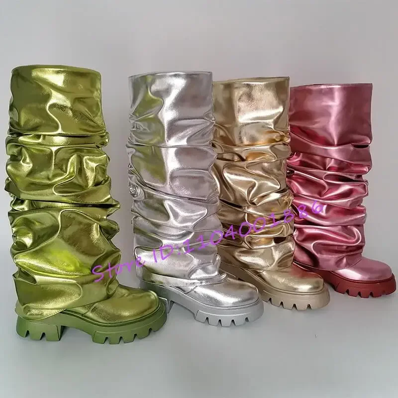 Trendy Green Knee High Boots Women\'s Platform Round Toe Pleated Motorcycle Boots New Thick Bottom Gold Silver Large Size Shoes
