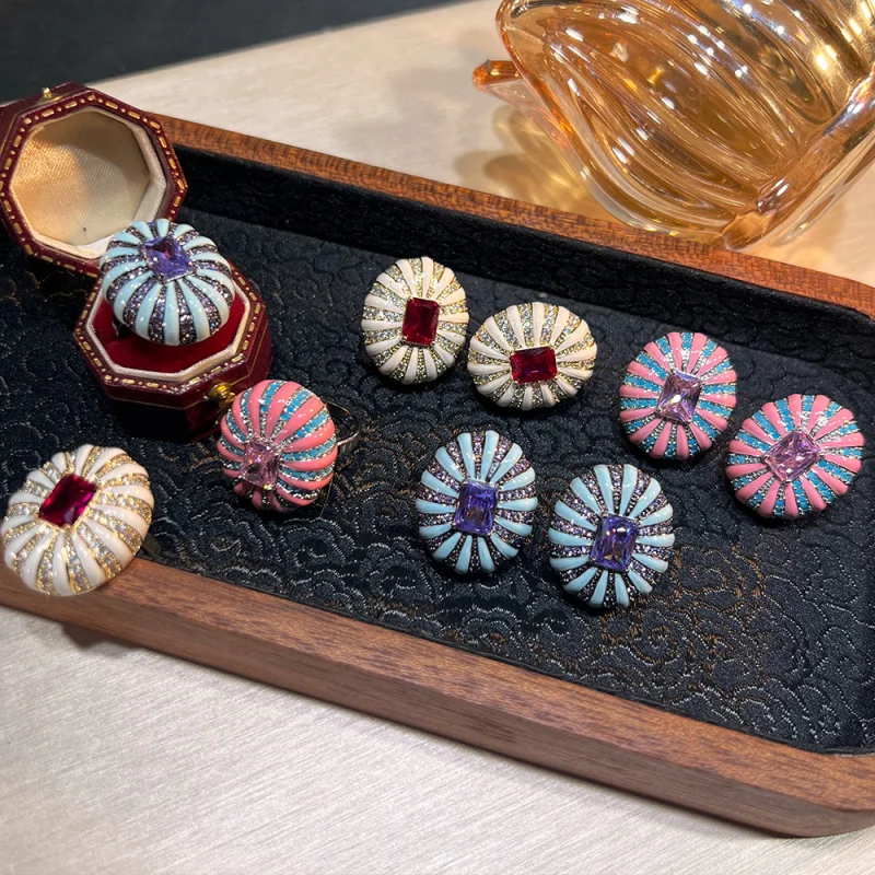 

Fashion Rainbow Colorful Enamel Swirl Stud Earrings with Cubic Zirconia Center Vintage jewelry