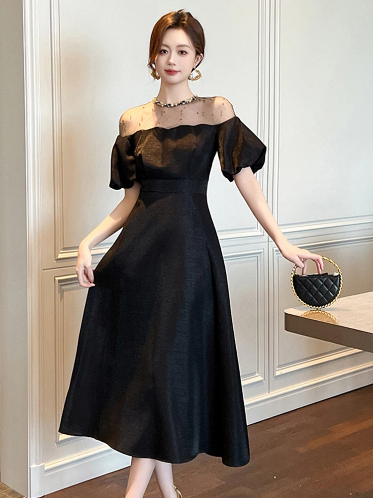 ฤดูร้อนหรูหราชุดราตรีชุดเสื้อผ้าผู้หญิง Retro Chic Sheer เซ็กซี่พัฟแขน Slim Midi Robe Party วันเกิด Vestidos