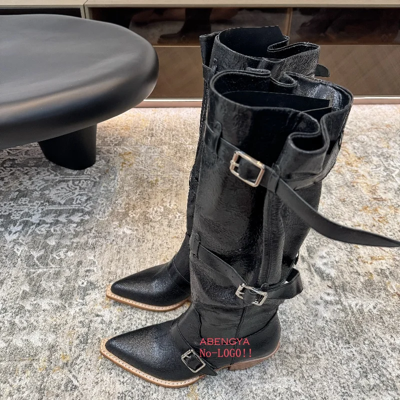 Winter Black Suede Leather Knee High Boots Women Pointy Toe Belt Buckle Motorcycle Long Boots Designer Party Thigh Boots Women view 4