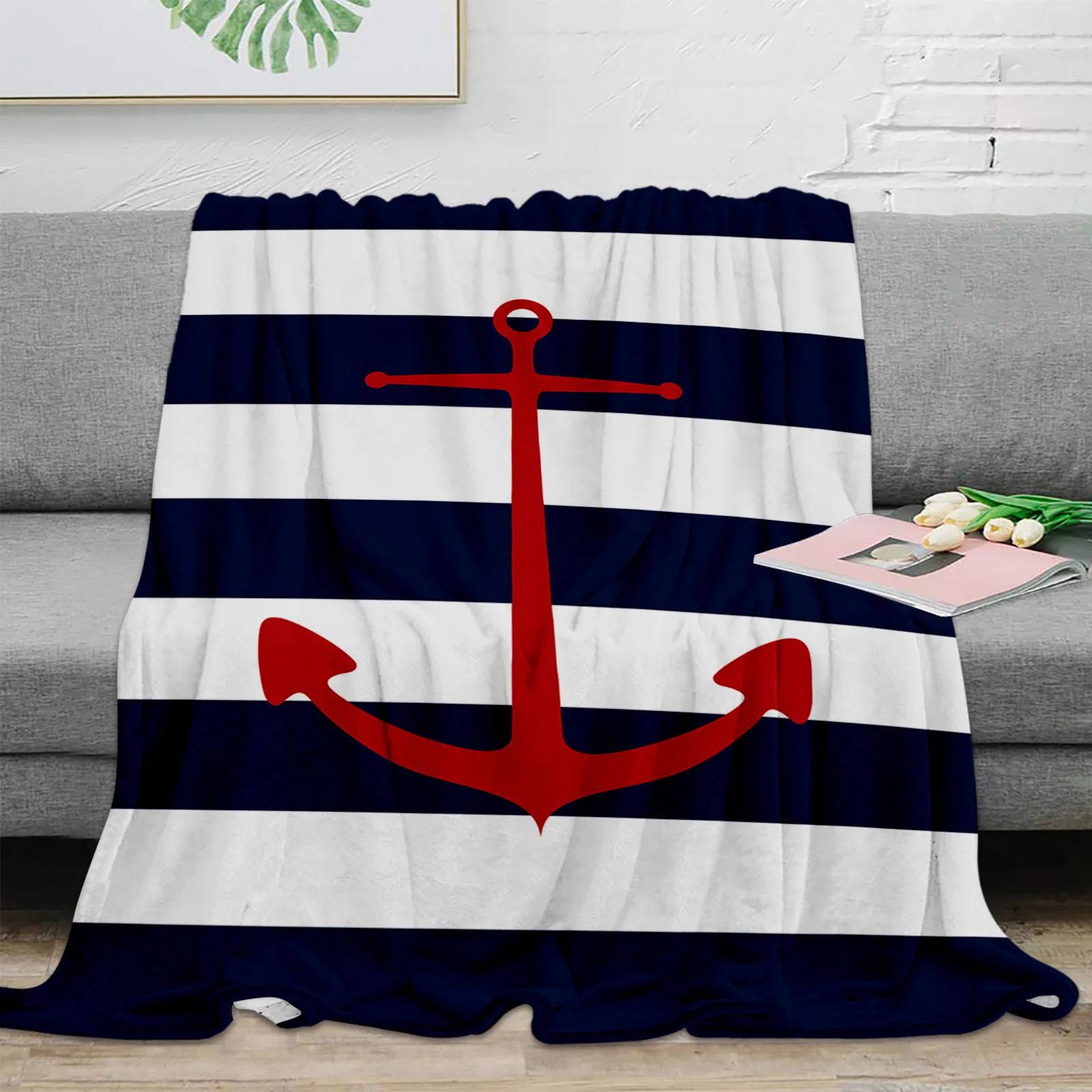 Geometric Blue Stripes Anchor Throw Blanket Warm Plush Blankets Portable Travel Camping Picnic Blanket