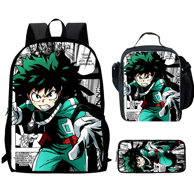 Cartoon Hero A-Acade-mia Child School Backpack With Lunch Bags Pencil Bags For Age 4-10,Light Weight Schoolbags For Boys Girls