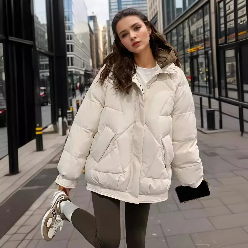 

2025 Winter Women's Jacket Female Contrast Hooded Zipper Short Cotton Jacket Women's Thicken Warm Parkas Women's Clothing New