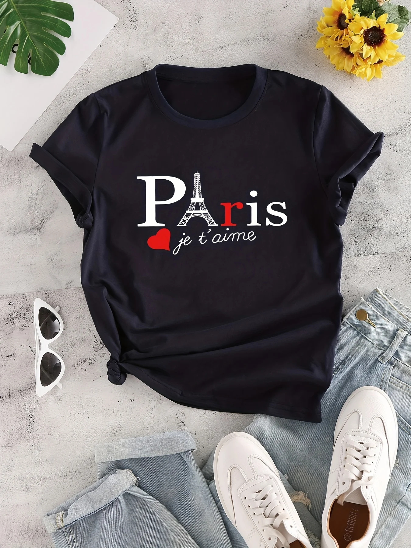 Paris Letter Print Crew Neck Women T-Shirts Casual Short Sleeve T-Shirt Casual Every Day Top Women\'s Clothing Female Tops Tees