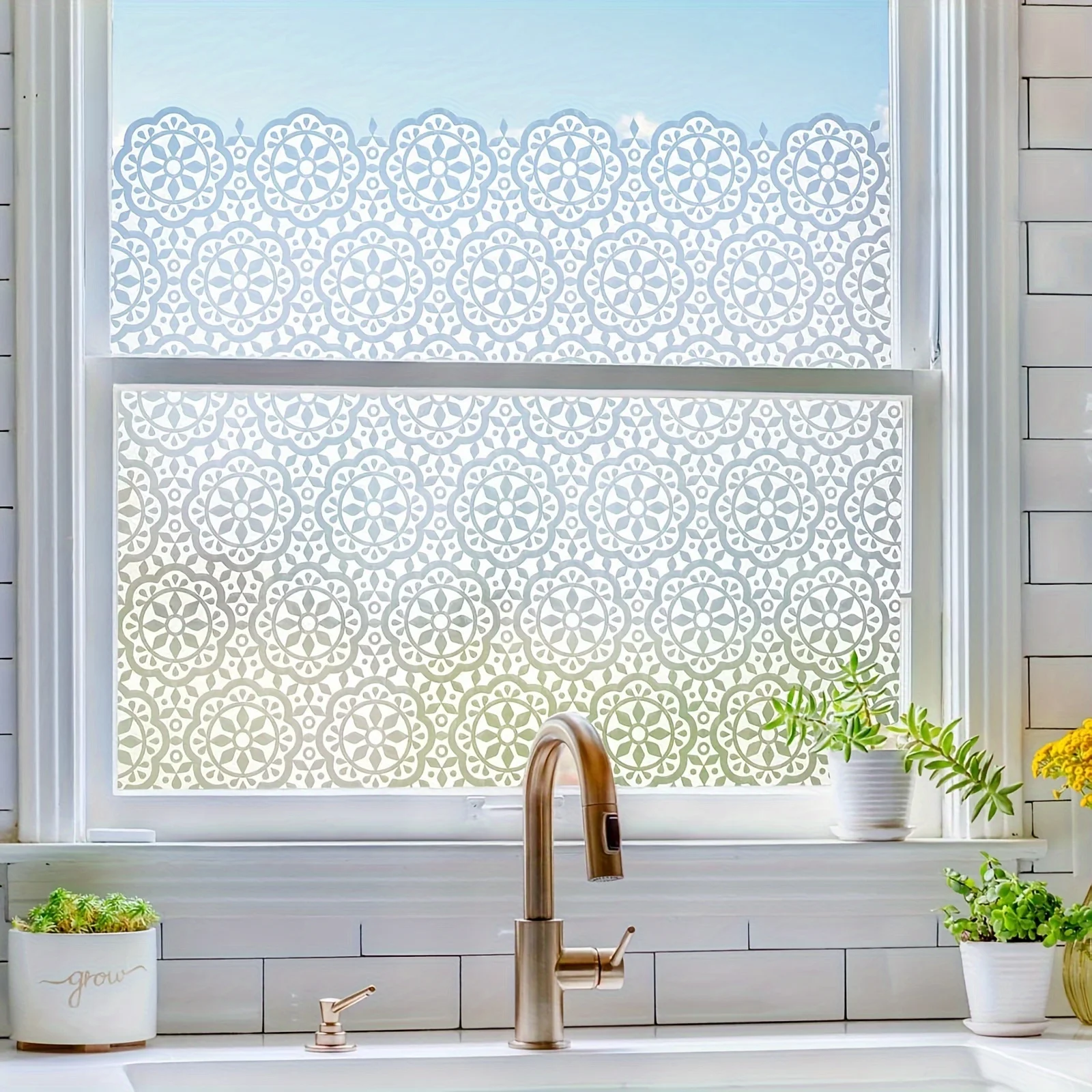 1 Sheet White Floral Privacy Window Film Static Cling No Glue Easy Install Removable for Living Room Bedroom Bathroom Glass