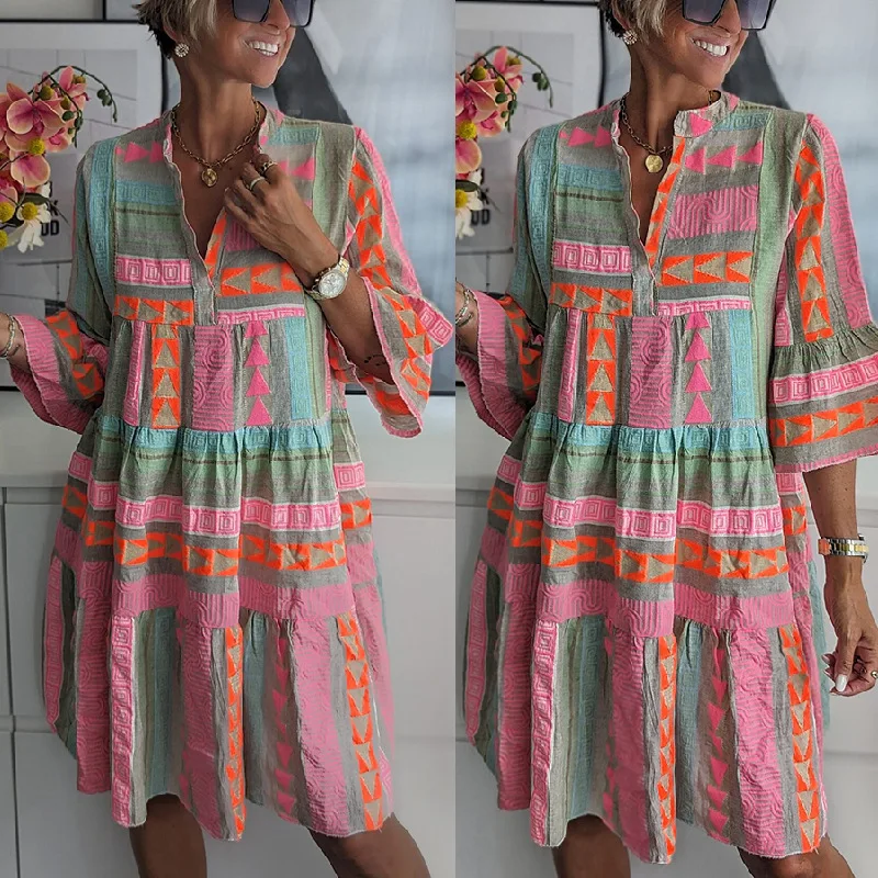 Women Sexy V Neck Ruffles Boho Mini Dress Spring Vintage Retro Print A-Line Office Casual Fall 3/4 Flare Sleeve Loose Dresses