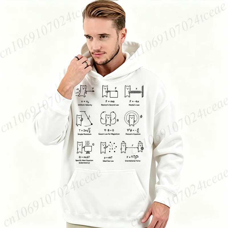 Men Funny Physics Formula Cat Graphic Hoodies Law Equation Print Hoody Long Sleeve Unisex Streetwear Physics Teacher Gift