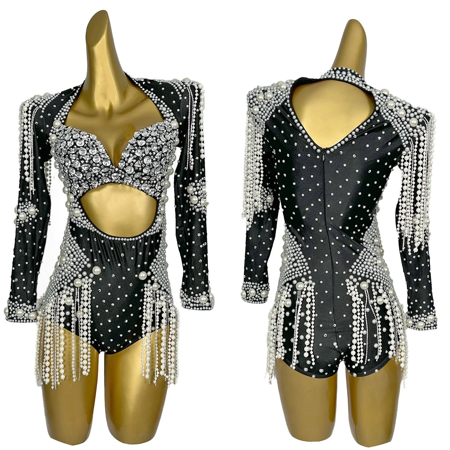 

Women Sparkly Rhinestone Pearls Tassel Bodysuit Carnival Party Dance Stage Show Wear Spandex Bodycon Exquisite Bodysuit Cangxuan