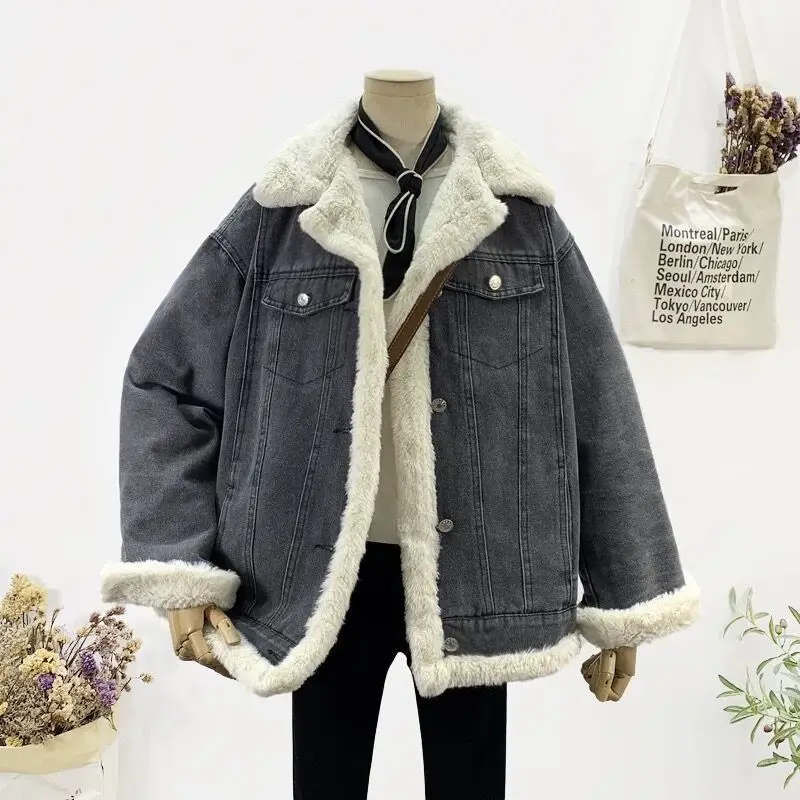 

Джинсовое пальто для женщин, темные меховые плюшевые женские осенние куртки с воротником-стойкой и рюшами в стиле пэчворк, функциональная верхняя одежда, куртки в клетку, рваные для девочек