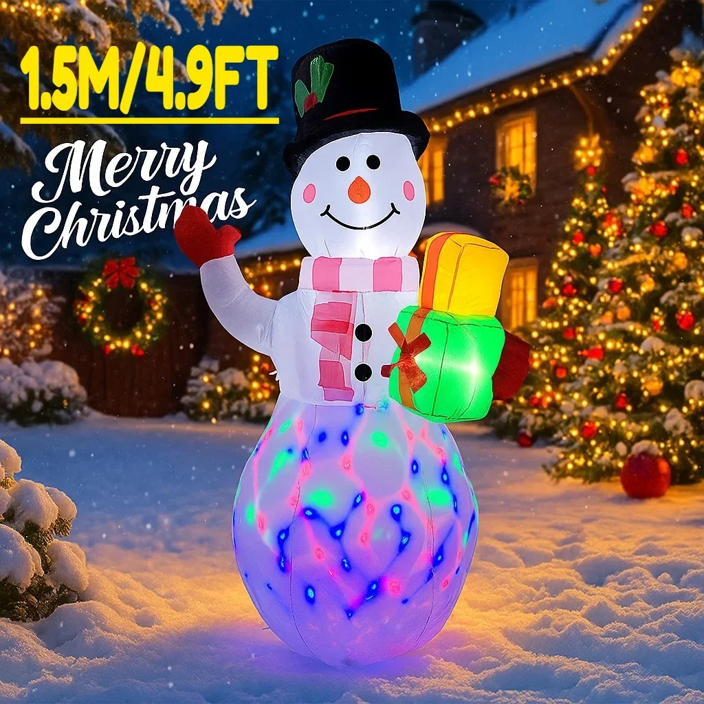1.5M/4.9FT Inflatable Glowing Snowman Holding Gift Box Lights LED Home Holiday Lighting Decor Yard Xmas Supplies Party Decor