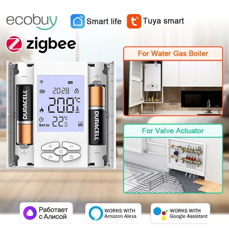 Imagem -03 - Termostato Inteligente Tuya Zigbee Água Gás Caldeira Alimentado por Bateria Controlador de Temperatura Controle de Voz Google Home Alexa Alice