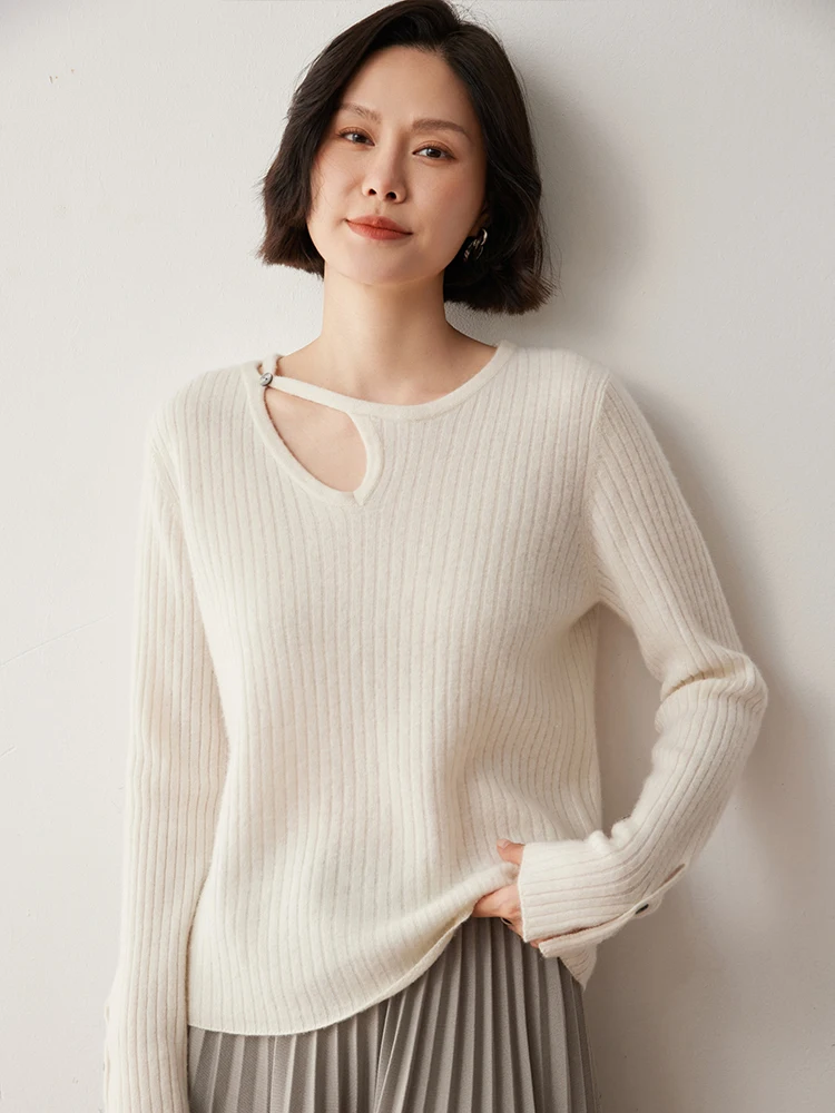 

2025 New Chic Women Cashmere Sweater O-neck Long Sleeve Striped Pullovers Spring Autumn Winter 100% Cahmere Knitwear Jumper Tops