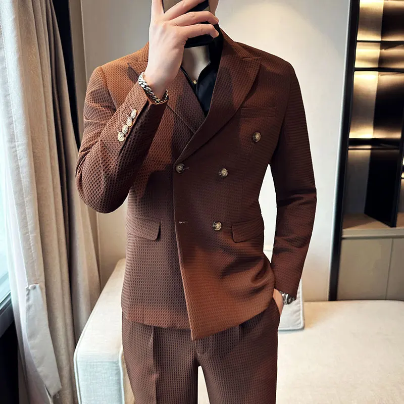 (Blazer+Trousers) Spring Business Casual Suits Uniform Men Streetwear 2-piece set Outerwear Clothing Men Double Breasted Dress