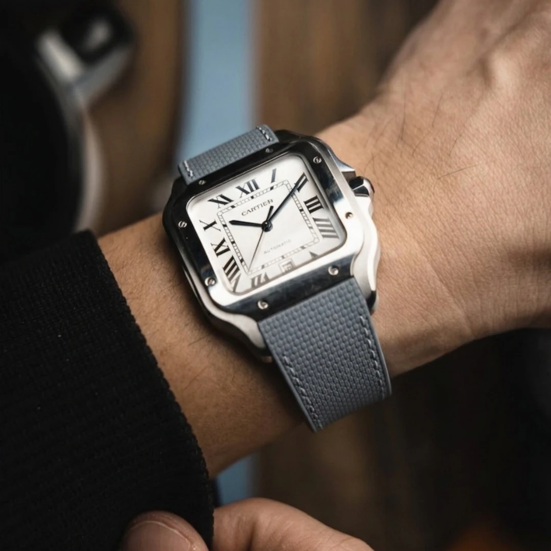 Fit For Cartier Santos Sailcloth FKM Rubber Watch Strap 19mm/21mm L/M Size With New Version Steel End Linking Watch Band