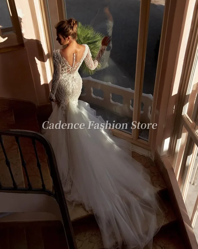 Customized  Sexy V-Neck Long Sleeve Lace Mermaid Wedding Dress Lace Applique Lace Trailing Hem Bridal Gowns  2025