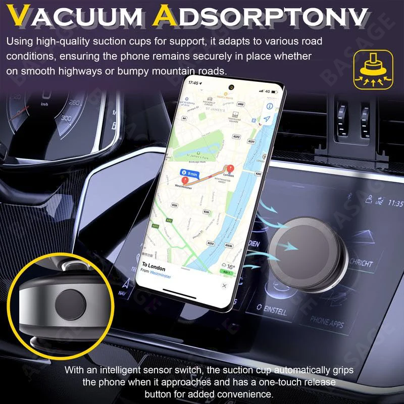 Car Magnetic Vacuum Adsorption Bracket 360 Degree Rotating Aluminum Alloy Mobile Phone Holder For 4.7-inch Or Above Smartphones