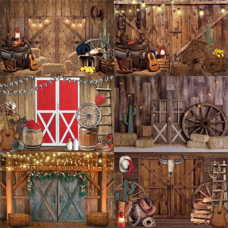 

Photography Backdrop Fall Farm Door Rustic Warehouse Barnyard Background for Old Western Cowboy Children Birthday Party Decor