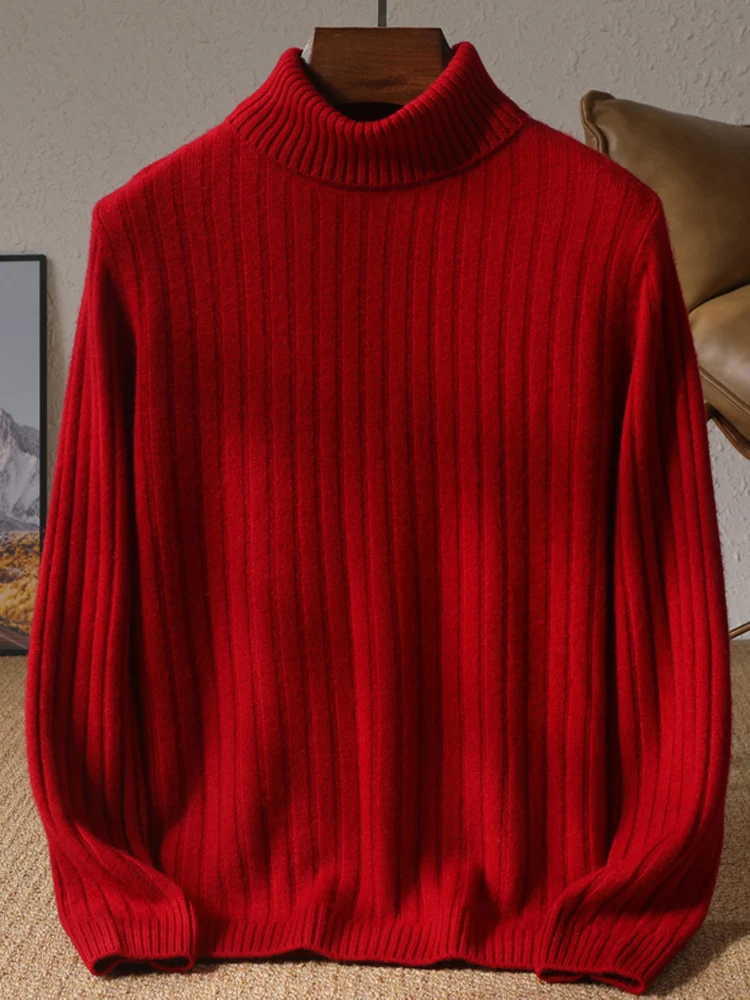 100% Wool Knit Pullover Men\'s Turtleneck Thick Sweater Business Casual Long Sleeve Tops Loose Warm Base Shirt Autumn Winter New