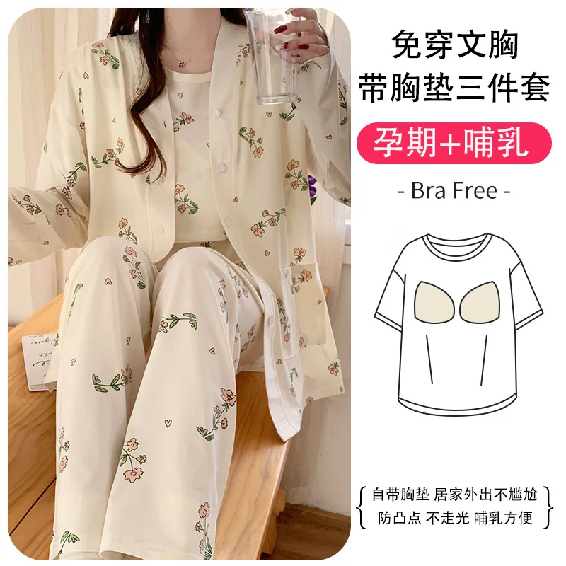 3PCS/Set Nursing Maternity Korean Version Nightwear Breastfeeding Knitted Cotton Pajamas Gown Maternity Pregnancy Clothes