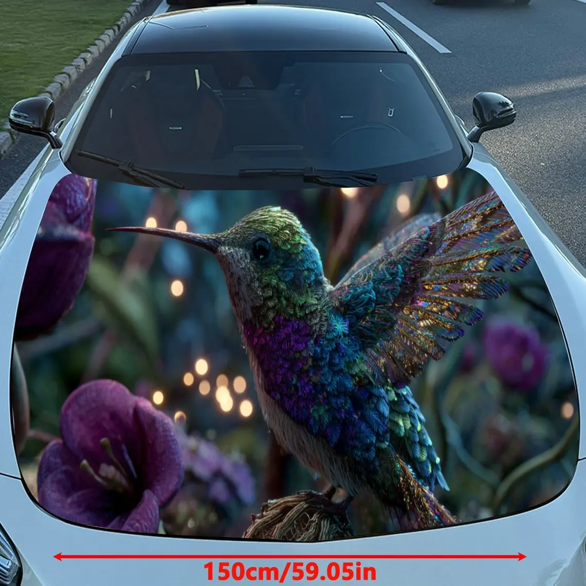 Radiant Hummingbird Among Purple Blossoms Car Hood Stickers - Self-Adhesive, Waterproof and Durable Vinyl Wrap, Decorate And Pro