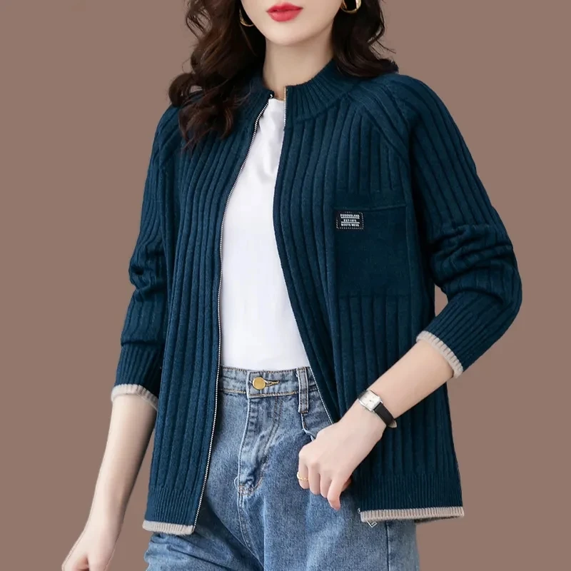 Knitted Cardigan Women\'s Coat 2024 Fall Winter New Loose Long Sleeve Casual Zipper Sweater Coat Women Short Knit Outwear Tops