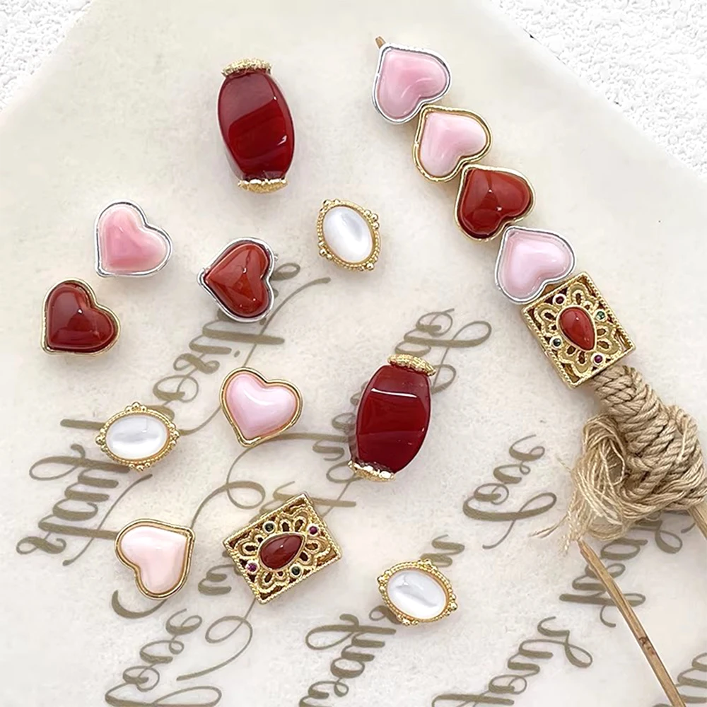 Brass Plated with Genuine Gold Inlaid Raw Stone Heart Shaped Retro Divider Beads DIY Jewelry Making Necklace Bracelet Accessory
