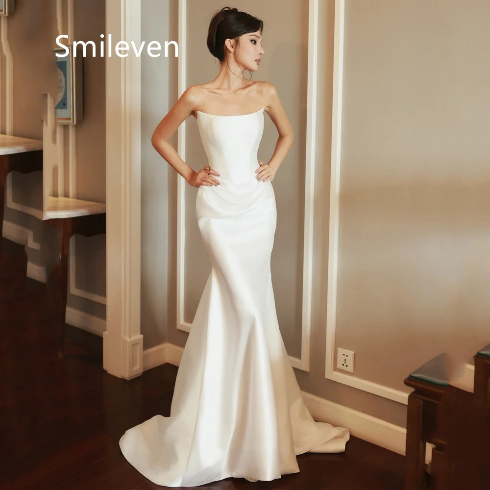 Smileven White Satin Mermaid Wedding Dresses Straight Neck Strapless Bridal Dress Draped Waist Chapel Train Gowns Customized