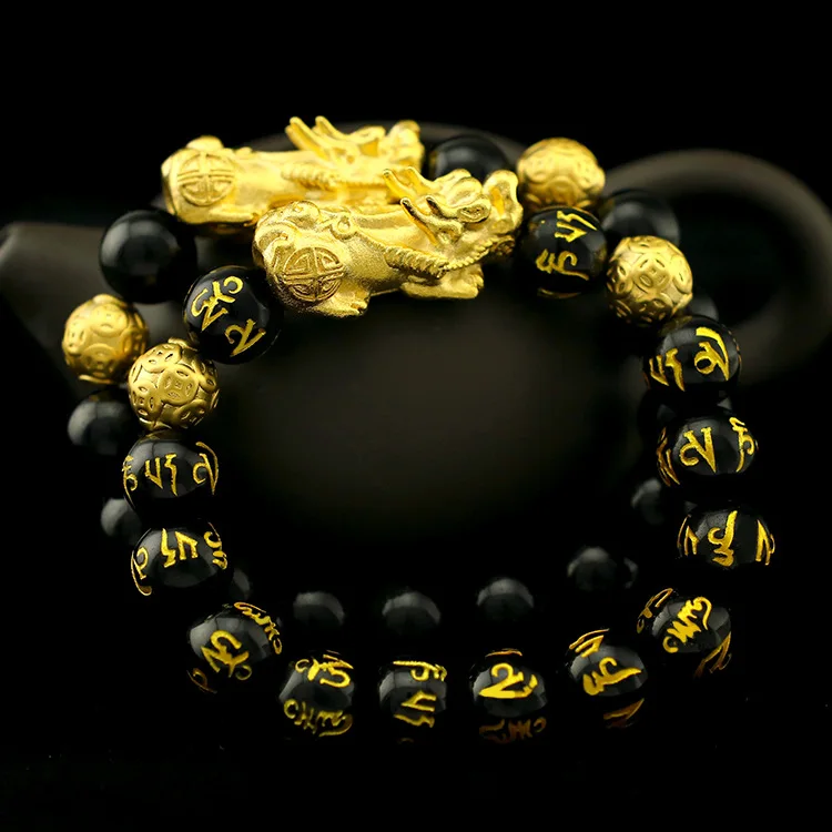 

9999 Real Gold 24K Gold Pixiu Bracelet Money Bead Bracelet Six Characters Mantra Agate Buddha Bead Bracelet