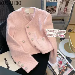 KUSAHIKI Autumn 2023 New Fashion Short Coat Korean Single Breasted O-neck Long Sleeve Outwear Tops Causal Female Elegant Jacket