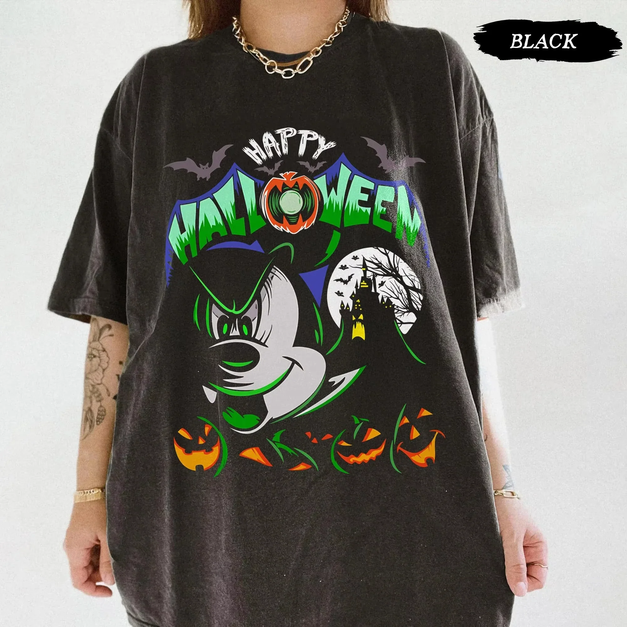 

Новинка 2025 года, ретро рубашка с Микки на Хэллоуин, футболка с замком «Счастливый Хэллоуин», странная рубашка с Микки Маусом, рубашка в стиле ретро с тыквой на Хэллоуин