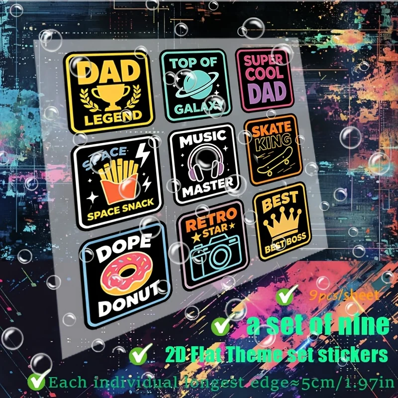 9Pcs 2D Flat Retro Dad Theme Waterproof Vinyl Stickers Space Skate Crown Square Decals For Car Laptop Holiday Gift