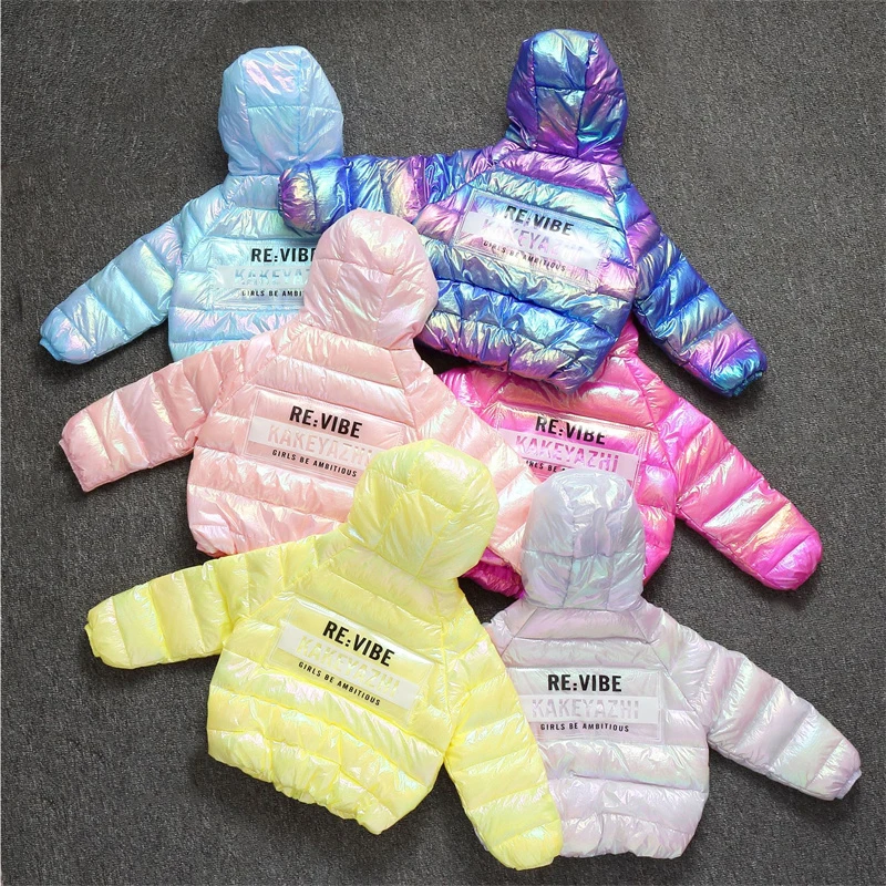 New Fashion Outerwear Shiny Letter Print Jacket Girl Winter Coats Kids Windproof Down Coat Children Trends Warm Thicken Parkas