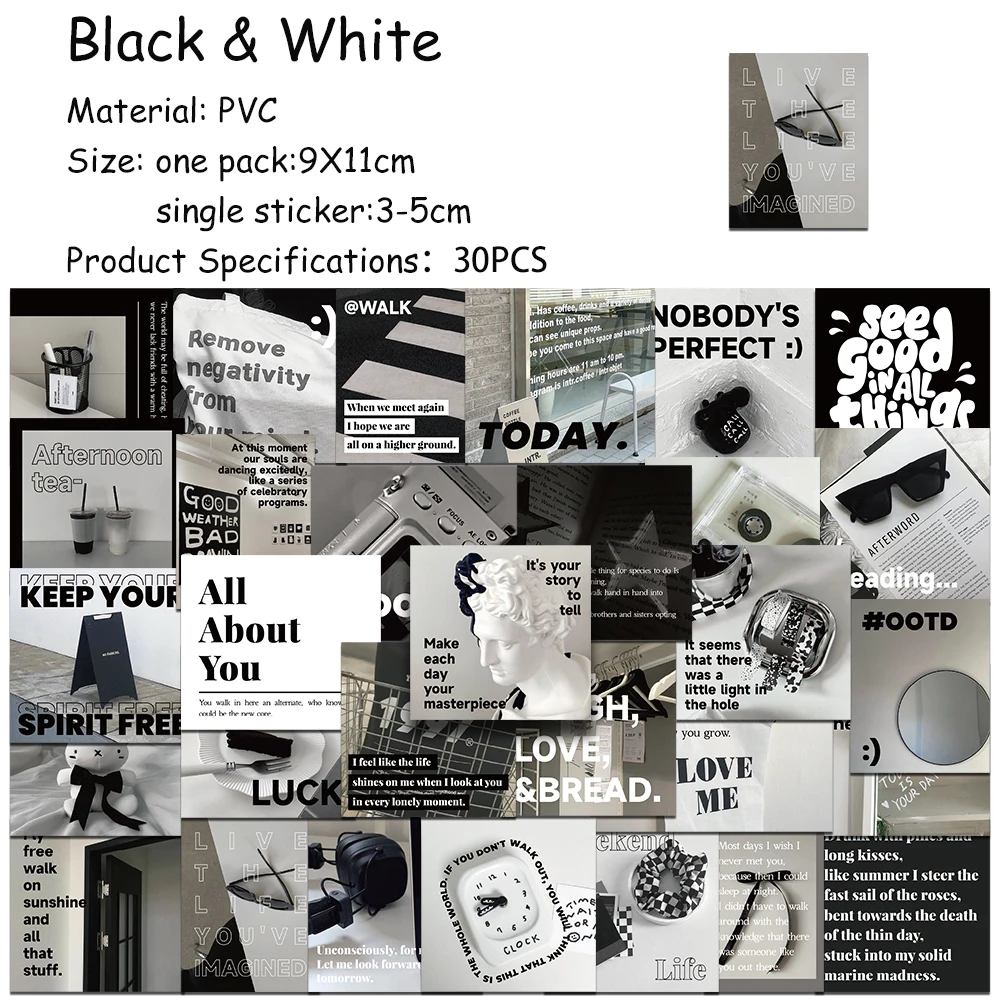 30pcs Black & White Sticker Pack Decals For Laptop Bottle Refrigerator Guitar Luggage DIY Retro Aesthetic Stickers Creative Gift