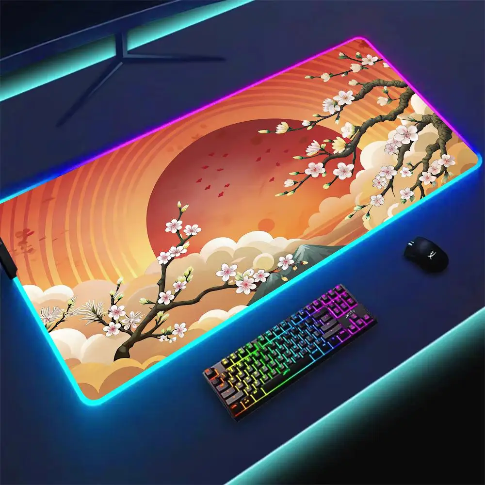 

RGB Mouse pad Sunset and cherry blossom gaming mat rubber anti-slip Desk Mat LED glow Gaming keypad mousepad pc accessories