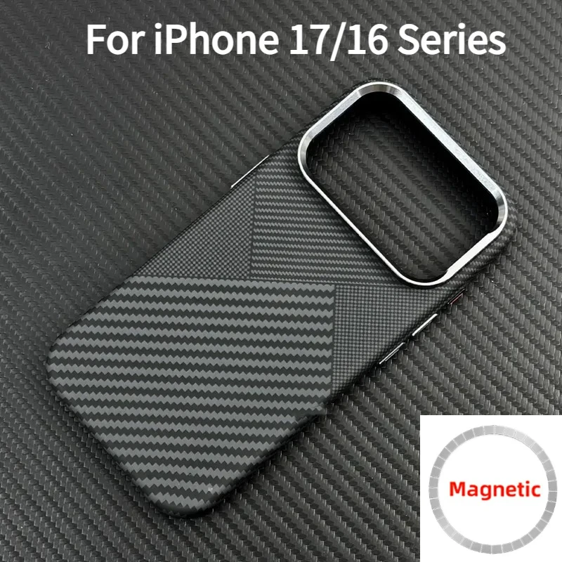 Business Carbon Fiber Texture PC for Magsafe Case for IPhone 17 Pro Max 16 15 14 Pro Alloy Lens Frame Wireless Charge Hard Cover