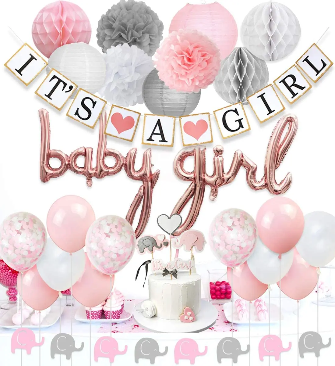 

Baby Shower Decorations for Girls, Pink and White, Balloons, Elephant Garland, Cake Topper, Baby Shower Supplies