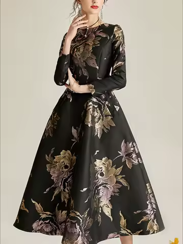Plus Size Evening Dress - Black and Gold Jacquard Satin Waist-Defining Tummy-Control Long Sleeve Elegant Flared Dress