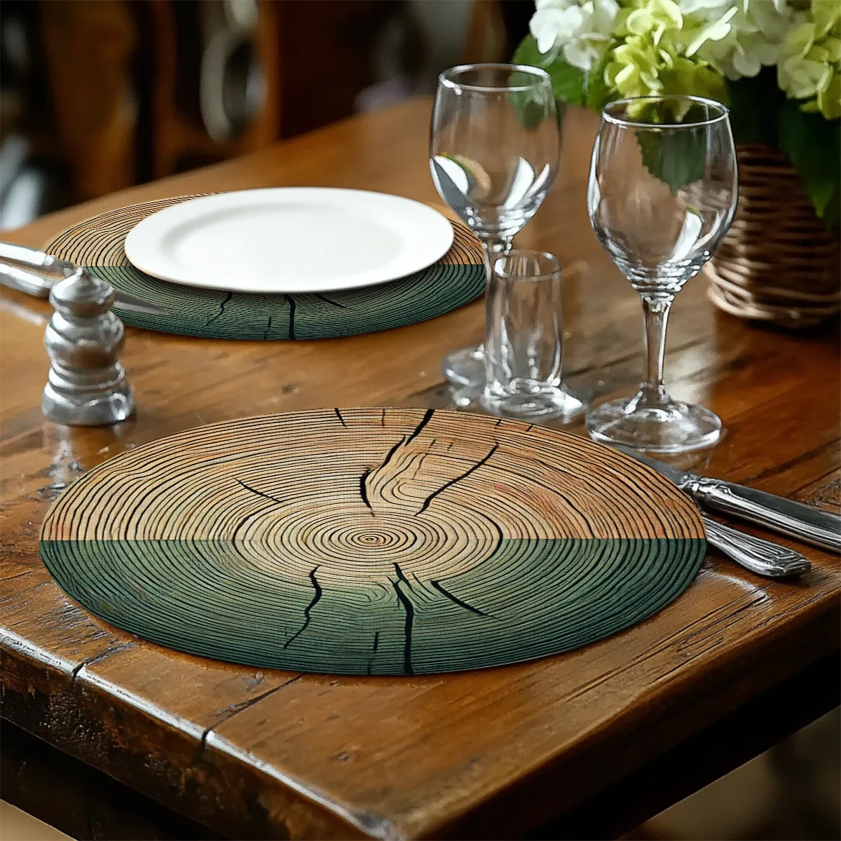 VIKAMA Two Tone Tree Ring Round Placemat Vintage Wood Slice Table Mat Waterproof Heat Resistant Plate Pad Farmhouse Dining Decor