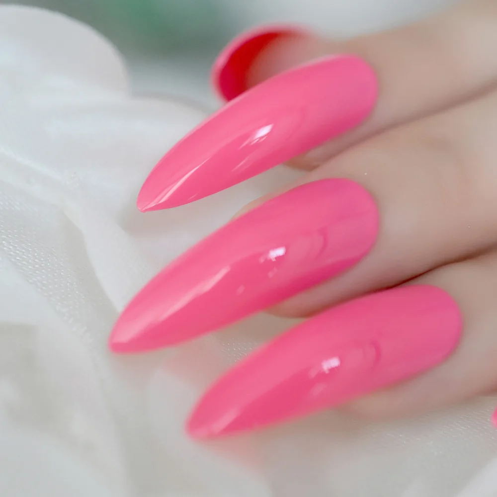 Hot Pink Extra Long False Nails Stiletto Tips Oval End Stilettos Fake Nail Rose Red Gel Manicure Artificial Nails Salon