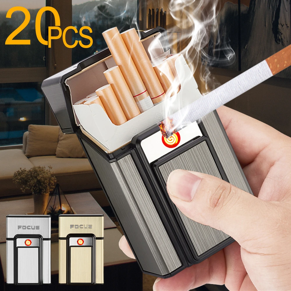 Cigarette Case USB Charging Lighter Metal Windproof Cigarette Lighter 20pcs Cigarettes Box Storage Container Smoking Accessories