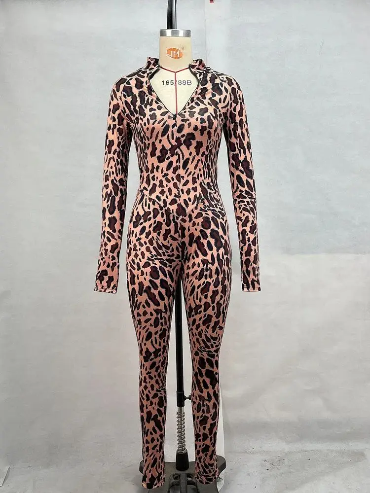 

Women's Long Sleeves Jumpsuits Woman V-link Vintage Temperament Simple Style Bodycon Long Pants Sexy Leopard Print Jumpsuit
