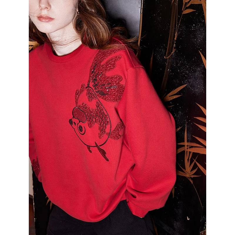 TOYOUTH Women Fleece Hoodies Sweatshirt 2024 Autumn and Winter New Koi Embroidered Thicking Warm Round Neck Pullover Tops Red