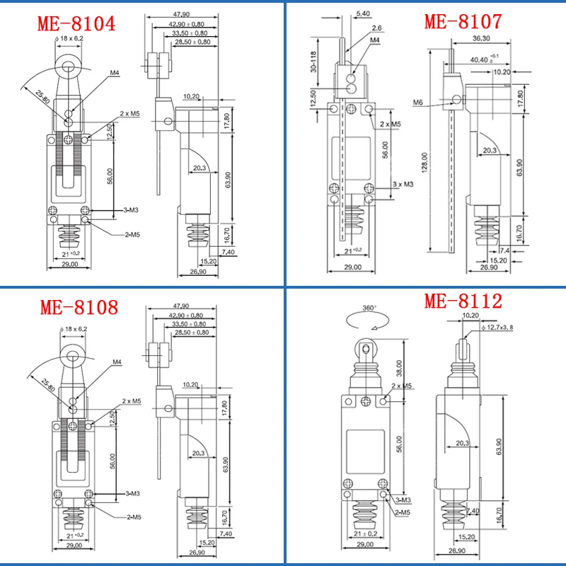 ME-8108 Mini Limit Switch Rotary Adjustable Roller Switch AC 250V 5A/DC125V 0.4A NO NC 8104 8107 8111 8112 8122 8166 8169 9101