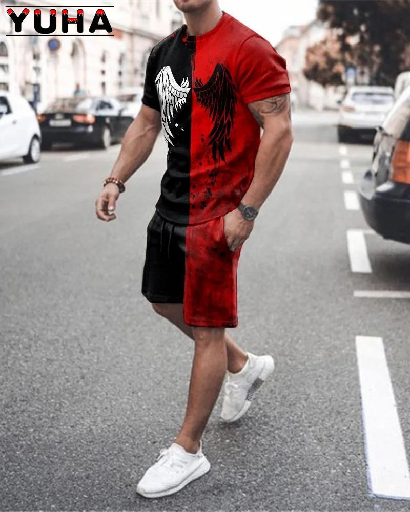 YUHA, traje de tendencia de verano para hombre, conjunto de pantalones cortos de playa informales, ropa con estampado 3D, camiseta de cuello redondo