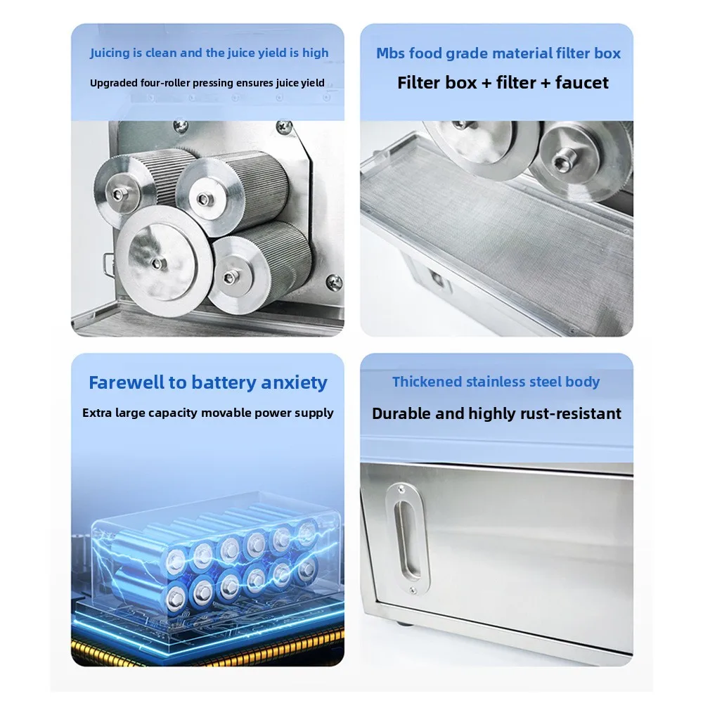 Four Roller Automatic Sugarcane Juicer Stainless Steel Commercial Use Portable for Juice Bar Stall Dual Power Battery Operation